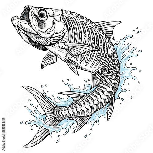 Tarpon fish skeleton jumping out of water with blue splashes vector illustration isolated on white