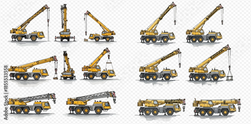 Set of mobile cranes in various positions, showing different angles and boom configurations for construction.