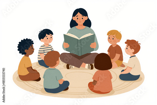 Teacher reading storybook to diverse group of children illustration