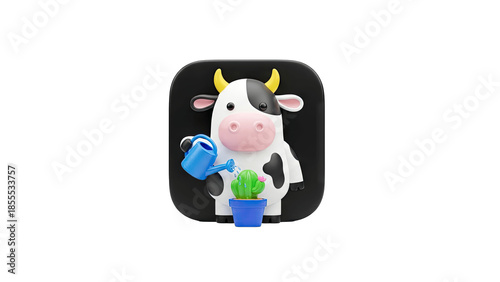 3D Cute cartoon cow watering a cactus on transparent background