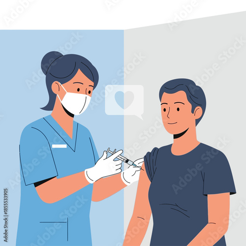 A nurse wearing a mask and gloves administers a vaccine shot to a male patient's arm, symbolizing healthcare and prevention.