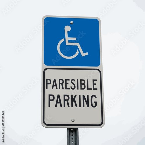 A close-up shot of a blue and white sign indicating accessible parking, featuring the international symbol for disability and the text 'PARESIBLE PARKING'.