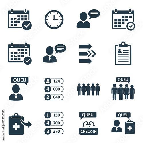 A collection of business and medical service icons depicting scheduling, appointments, queue management, check-in processes, and customer interactions.