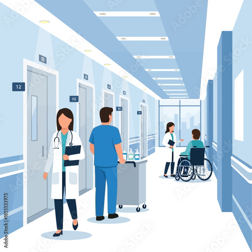 Doctors and nurses working in a modern hospital hallway with a patient in a wheelchair and medical equipment.