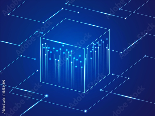 Artificial intelligence (AI) with Futuristic Dynamic Growth up lines in Digital Cube and Surrounded circuit board lines technology Analysis vector design concept. AI technology for advance technology.