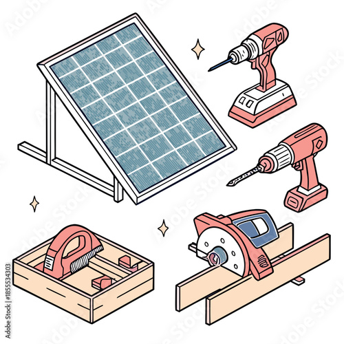 Solar panel powering tools setup with drill and saw