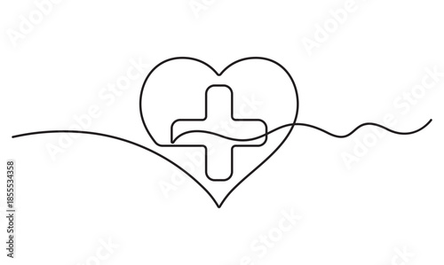 Medical cross and heart symbol in minimalist one line art