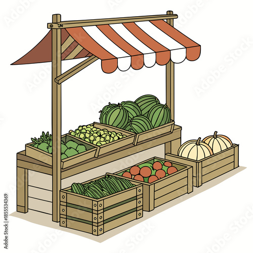 Outdoor market stand with fresh produce and striped awning