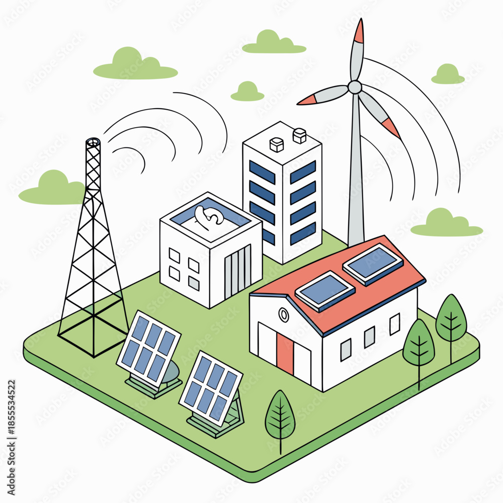 Naklejka premium Isometric view of renewable energy ecosystem with solar panels wind turbine and buildings