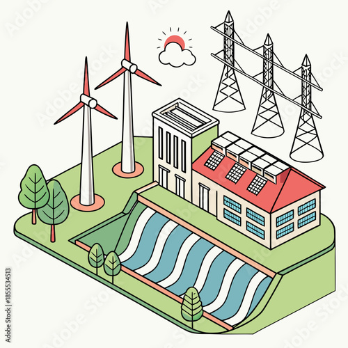 Isometric of renewable energy ecosystem with wind turbines hydroelectric dam and power lines
