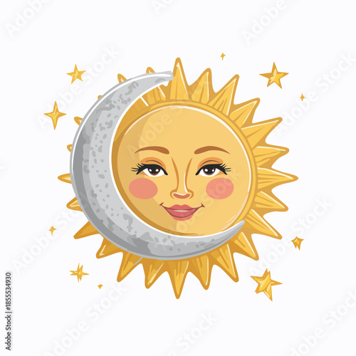 Illustration of a smiling sun with a face, partially covered by a crescent moon, surrounded by stars.