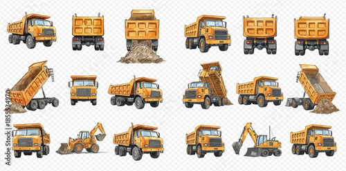Set of yellow dump trucks and excavators in various poses for construction and transportation projects.