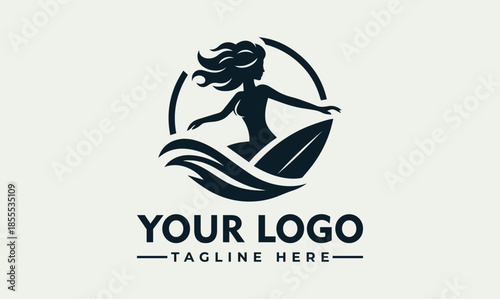 Vector logo featuring a surfing woman silhouette on a wave with a circular outline and customizable text on a light green background.