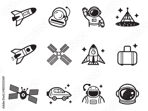 Set of modern black and white space icons for design projects