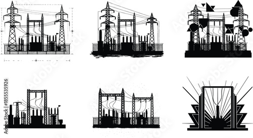 High voltage electrical substation silhouette illustration, industrial power grid infrastructure design, energy transmission towers vector artwork for engineering projects