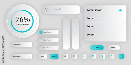 Premium Neumorphic UI Kit with Dashboard Widgets, Progress Chart, Buttons, Search Bar and Navigation Icons Soft Minimal User Interface Elements for App and Web Design Vector