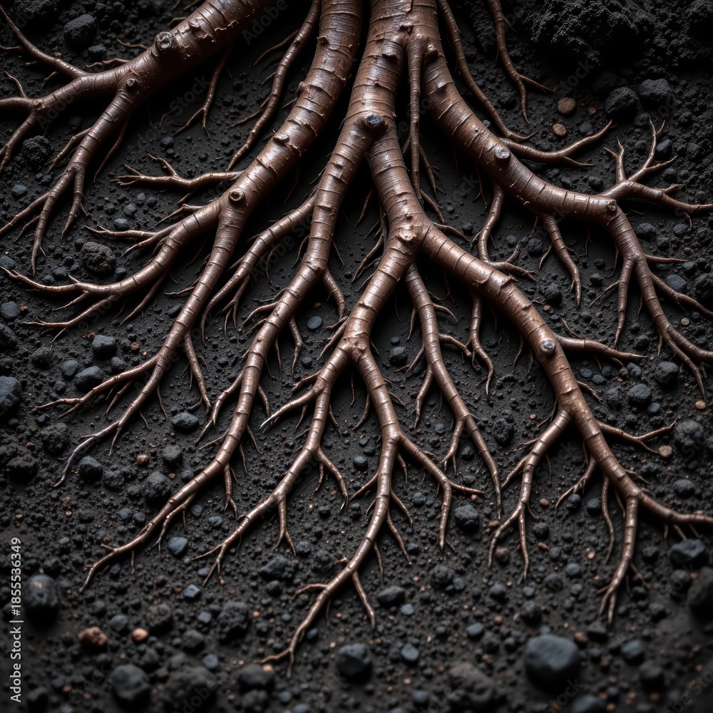 Fototapeta premium Detailed Root System Spreading Through Dark Soil, Macro View of Nature's Network Beneath the Surface, symbolizing growth, resilience, and interconnectedness.