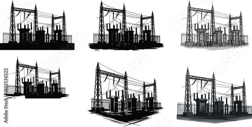 High voltage electrical substation silhouette with power lines, transformers and steel towers, industrial energy infrastructure illustration in detailed black graphic style