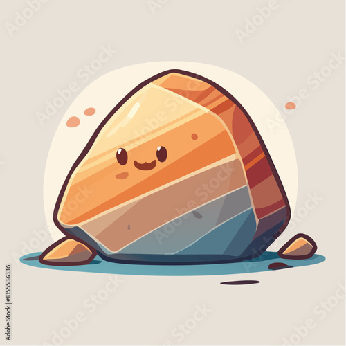 Cute cartoon rock with a happy face and layered colors, sitting on the ground.