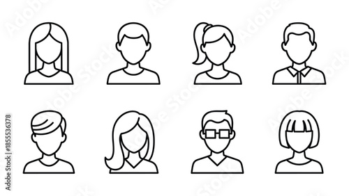 Collection of simple outline icons representing male and female user profile avatars