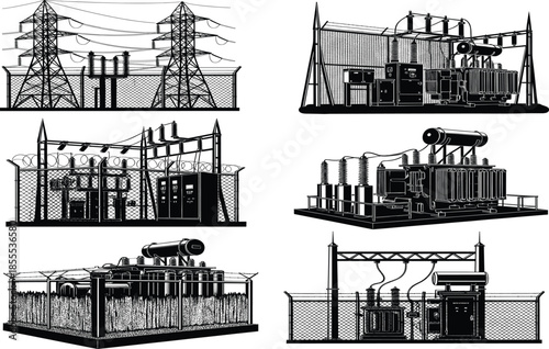 High voltage electrical substation vector illustration set, industrial power distribution station silhouettes, energy infrastructure equipment design, detailed utility grid elements