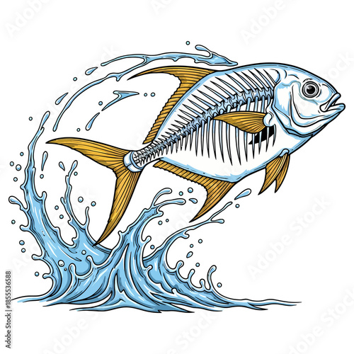 Permit fish skeleton jumping out of water splash illustration