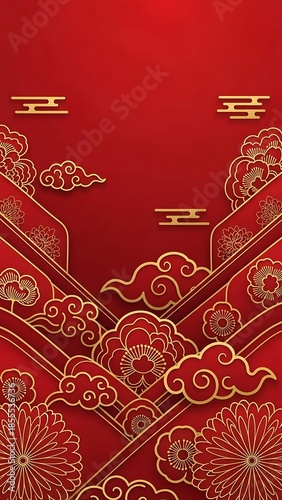 Decorative red background with gold floral and cloud patterns for celebration