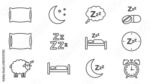 Collection of thin line icons related to sleep, rest, dreams, insomnia, and bedtime themes