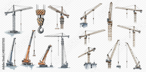 Set of various construction cranes, lifting equipment, and heavy machinery for building sites.
