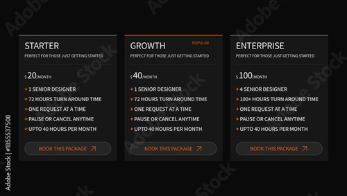 Dark Mode Pricing Table UI Design for SaaS and Freelance Subscription Packages