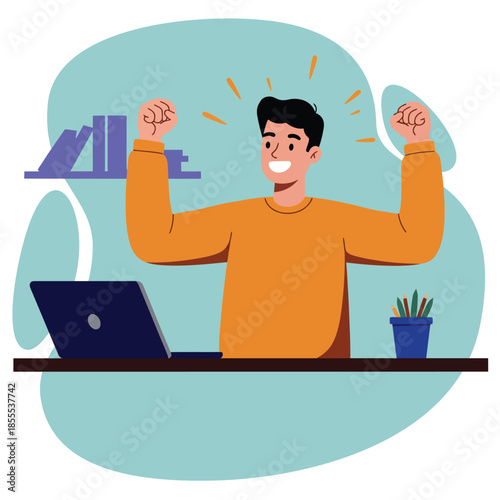 Cheerful young man in orange shirt sits at desk with laptop, raising clenched fists in triumph, smiling broadly. Flat vector illustration
