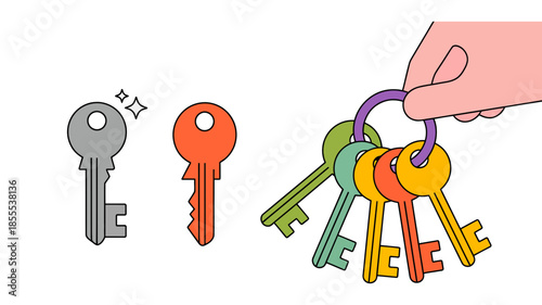 A hand holds a large collection of colorful keys on a purple keyring