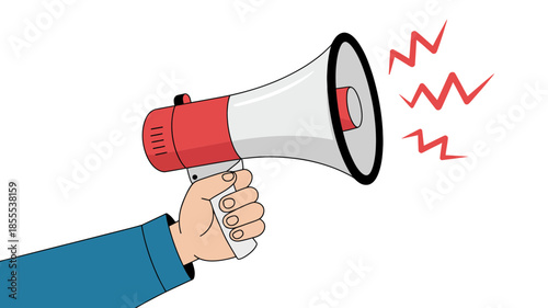 A person's hand holds a red and white megaphone, emitting sound waves for communication