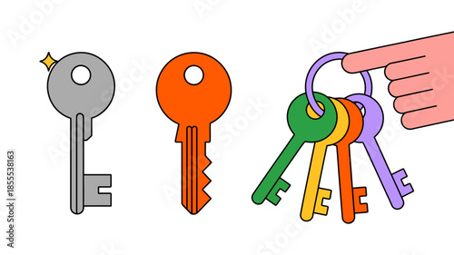 A collection of different keys including single keys and a bunch held together on a keyring