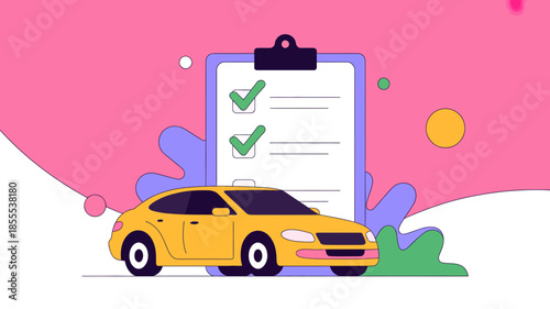 Yellow car in front of a clipboard with checkmarks representing vehicle inspection or checklist.