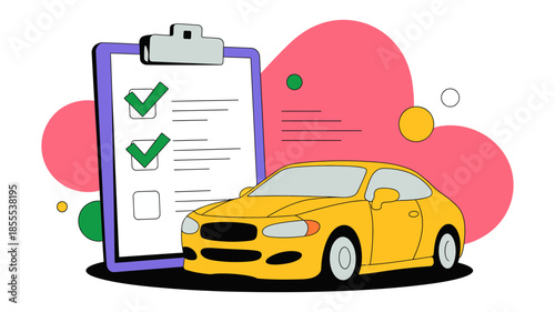 Illustration of a car inspection checklist with green checkmarks indicating successful completion