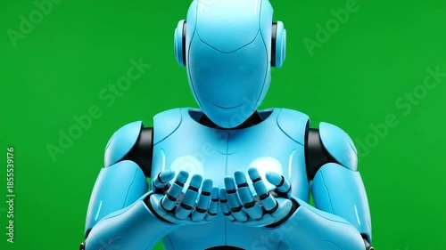 Turquoise Robot Holding Light Orb on Green Screen Background Studio Lighting High Angle View Offering Technological Innovation