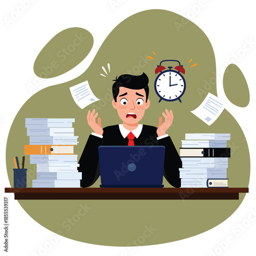 Anxious businessman in a suit and red tie, hands raised in despair, sitting at a desk with a laptop, surrounded by towering document piles and a ringing alarm clock