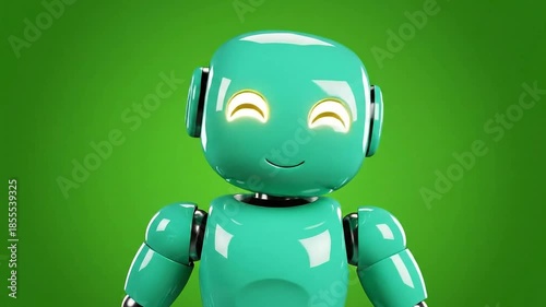 Turquoise Robot Scratching Head in Confusion on Green Screen Background with Shiny Metallic Accents Expressing Curiosity and