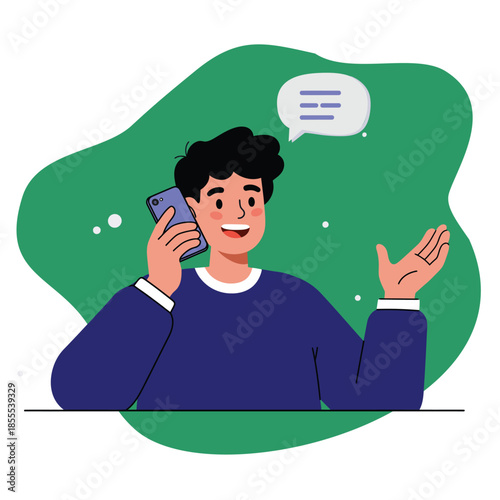 Smiling man with dark hair holding a purple smartphone to his ear, gesturing with an open hand. He has rosy cheeks and wears a blue long-sleeved shirt with a white neckline