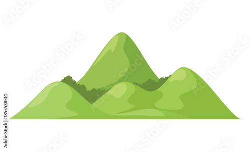 Vector illustration of green mountains and hills showing gentle slopes and trees in a simple design.