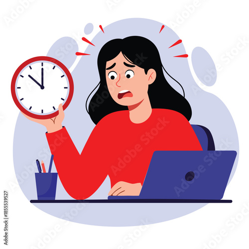 A young woman with black hair and a red shirt looks shocked and stressed, holding a red-rimmed clock. She is at a desk with a blue laptop and pen holder