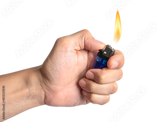 Hand Holding Blue Lighter with Flame Ignited in Isolated Background