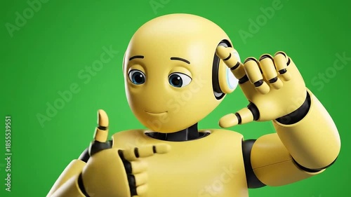 Yellow Robot Gesturing Frame with Fingers Isolated on Green Screen Background for Educational Technology Concept