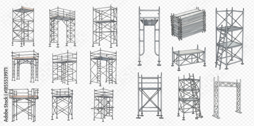Set of various metal scaffolding structures for construction and repair work on transparent background.