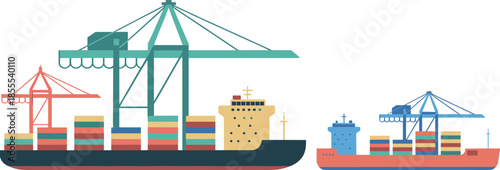 Flat cargo port illustration with container ships, harbor cranes, logistics transportation, international shipping, freight delivery, seaport infrastructure, global trade