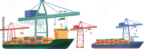 Flat cargo port illustration with container ships, harbor cranes, logistics transportation, international shipping, freight delivery, seaport infrastructure, global trade