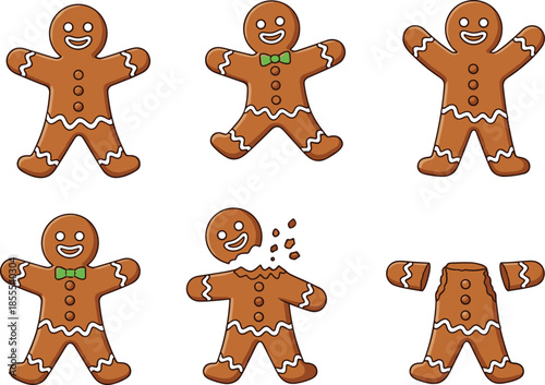 Gingerbread man cookie transformation, cartoon sequence, funny eating stages, festive dessert character, crumbs flying, icing details - flat vector illustration