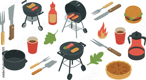 Isometric barbecue grill illustration with outdoor BBQ equipment, burgers, sausages, grilling tools, summer cookout, picnic, camping, food, icons, kitchen, set