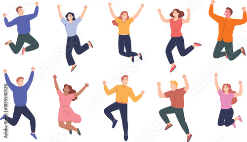 Happy jumping people illustration set with men and women celebrating success, joy, freedom, positive emotions, diversity, flat cartoon characters